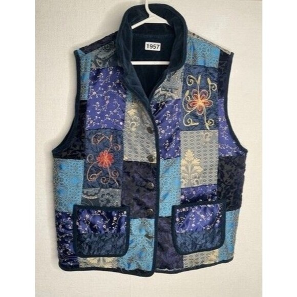 VTG Poetica Patchwork Reversible Button Front Vest Women Size M Blue/Purple - Picture 10 of 11
